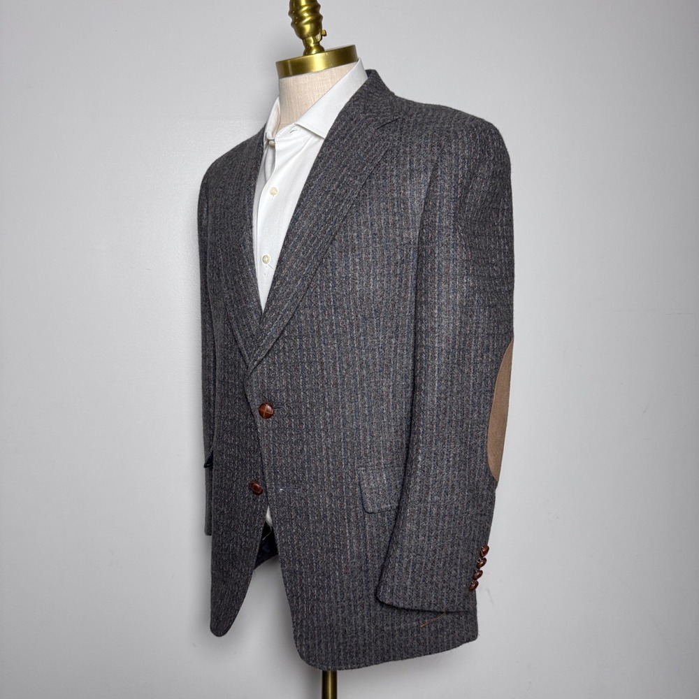 Austin Reed Sport Coat Mens 40R Gray Striped Wool Elbow Patches Blazer Vintage